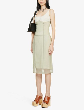 ACNE STUDIOS Dassa scoop-neck crepe midi dress sage green | sleeveless fitted bodice dresses with sheer overlay - flipped