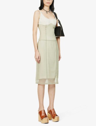 ACNE STUDIOS Dassa scoop-neck crepe midi dress sage green | sleeveless fitted bodice dresses with sheer overlay