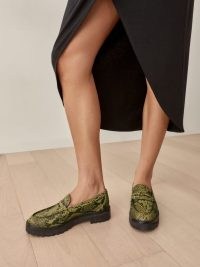REFORMATION Agathea Chunky Loafer Lime Snake Emboss / womens green reptile embossed leather platform loafers