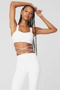 Kendall Jenner white ruched crop top, alo yoga AIRBRUSH CINCH BRA, on Instagram, 27 January 2022 | celebrity style fashion | models social media sports clothing