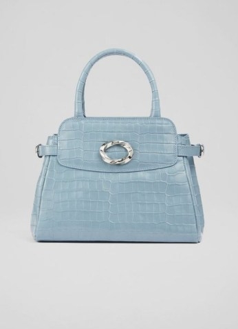 L.K. BENNETT ALANA BLUE CROC EFFECT SHOULDER BAG ~ luxe crocodile embossed leather top handle bags ~ chic handbags - flipped