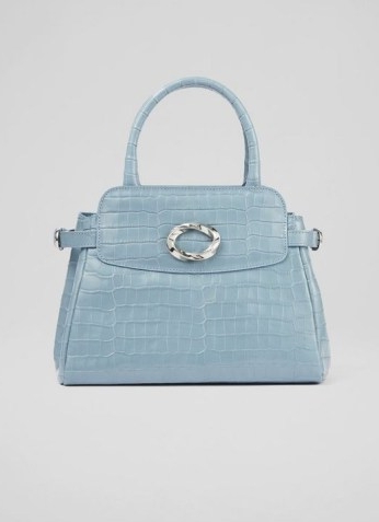 L.K. BENNETT ALANA BLUE CROC EFFECT SHOULDER BAG ~ luxe crocodile embossed leather top handle bags ~ chic handbags