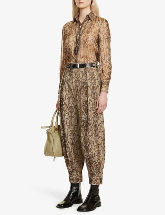 ALBERTA FERRETTI Snakeskin high-rise tapered stretch-cotton trousers Fantasy Print Brown ~ womens snake printed buttoned cuff pants - flipped