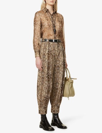 ALBERTA FERRETTI Snakeskin high-rise tapered stretch-cotton trousers Fantasy Print Brown ~ womens snake printed buttoned cuff pants
