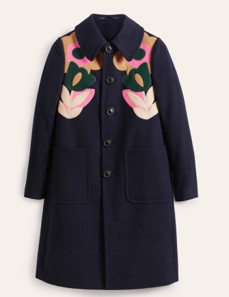 Boden Amelia Appliqué Wool Coat in Navy – dark blue floral coats – outerwear with flower appliques - flipped