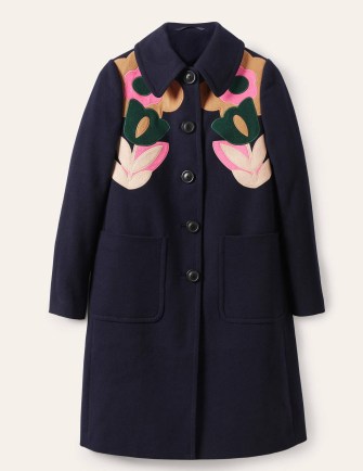 Boden Amelia Appliqué Wool Coat in Navy – dark blue floral coats – outerwear with flower appliques