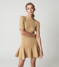 REISS AMELIA KNITTED FLIPPY DRESS CAMEL ~ light brown short sleeve high neck flared hem dresses ~ chic contemporary fashion