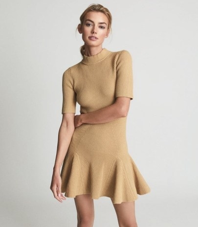 REISS AMELIA KNITTED FLIPPY DRESS CAMEL ~ light brown short sleeve high neck flared hem dresses ~ chic contemporary fashion - flipped