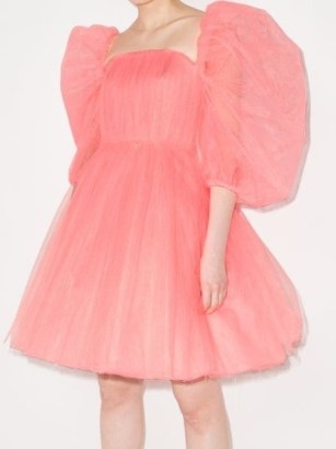 ANOUKI pink puff-sleeves A-line dress ~ voluminous sheer sleeve fit and flare dresses ~ tulle overlay party dresses - flipped
