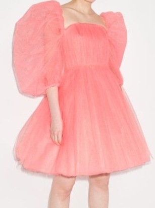 ANOUKI pink puff-sleeves A-line dress ~ voluminous sheer sleeve fit and flare dresses ~ tulle overlay party dresses