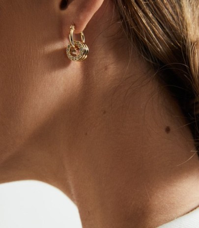 REISS ARABELLA CRYSTAL EMBELLISHED HOOP EARRINGS GOLD ~ contemporary feminine hoops ~ womens modern style fashion jewellery - flipped