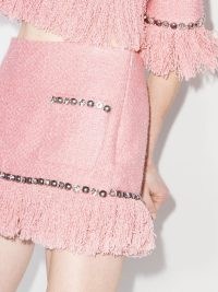 AREA fringed tweed mini skirt in light pink | embellished fringe detail skirts