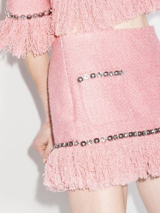 AREA fringed tweed mini skirt in light pink | embellished fringe detail skirts - flipped