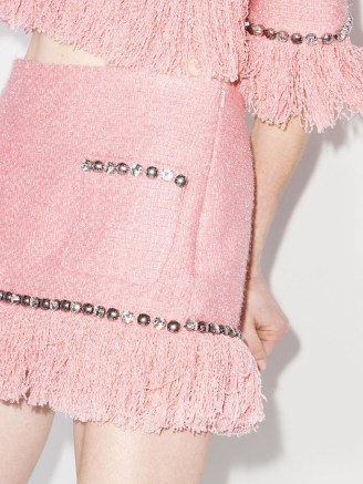 AREA fringed tweed mini skirt in light pink | embellished fringe detail skirts