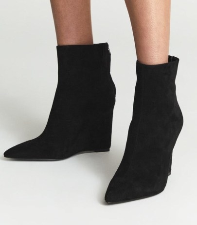 REISS ASHTON SUEDE WEDGE BOOT BLACK ~ high wedged pointed toe boots - flipped