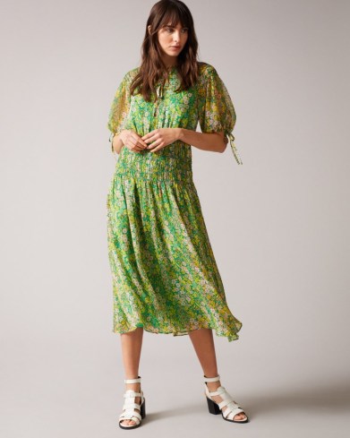 TED BAKER URSILLE Asymmetric Smocking Midi Dress with Neck Tie / floaty feminine green floral dresses / sustainable recycled polyester fashion - flipped