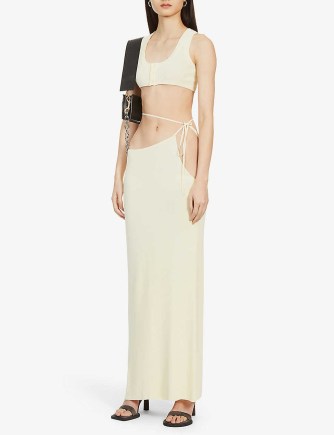 AYA MUSE Ancona cut-out stretch-woven maxi skirt in butter cream | strappy self tie waist skirts - flipped