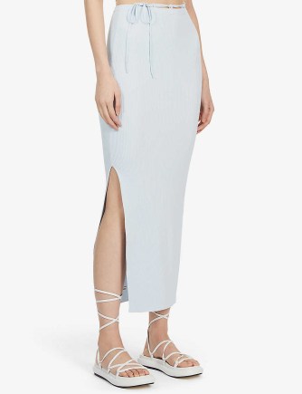 AYA MUSE Monza loop-belt stretch-woven maxi skirt in sky blue | long length side slit rib textured skirts | skinny strap tie waist - flipped