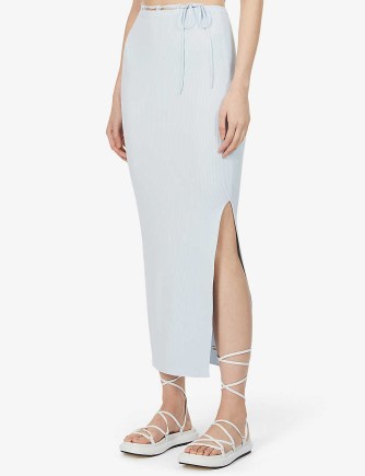 AYA MUSE Monza loop-belt stretch-woven maxi skirt in sky blue | long length side slit rib textured skirts | skinny strap tie waist