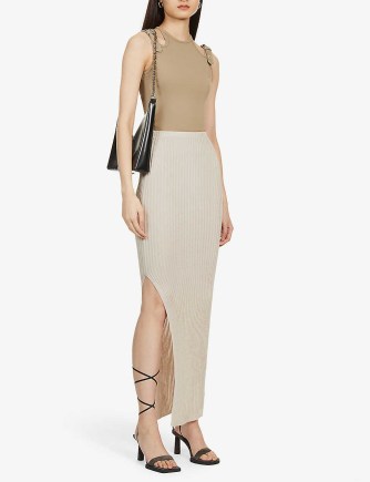 AYA MUSE Pisa high-waist stretch-woven maxi skirt in sand | long length split hem fitted skirts - flipped