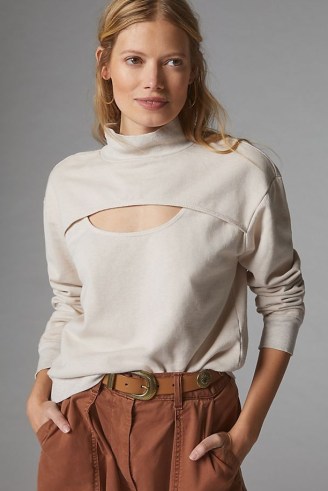 T.La Cut-Out Funnel-Neck Sweatshirt in Ivory – high neck long sleeve cutout detail sweatshirts – womens on-trend casual sweat tops - flipped