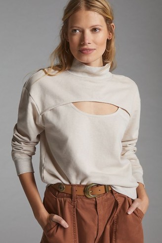 T.La Cut-Out Funnel-Neck Sweatshirt in Ivory – high neck long sleeve cutout detail sweatshirts – womens on-trend casual sweat tops