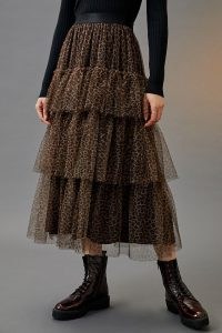 Eva Franco Ruffled Midi Skirt Brown Motif – tiered sheer overlay animal print skirts