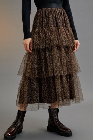 Eva Franco Ruffled Midi Skirt Brown Motif – tiered sheer overlay animal print skirts - flipped
