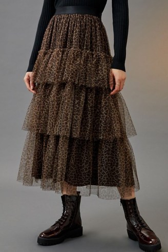Eva Franco Ruffled Midi Skirt Brown Motif – tiered sheer overlay animal print skirts
