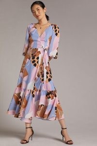 Hutch Bloom Wrap Maxi Dress in Pink Combo – bold print tiered hem dresses – lace up back detail
