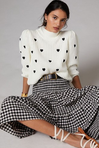 Anthropologie Hearts Mock Neck Knit Tee White / high neck puff long sleeve jumpers / heart patterned sweaters - flipped