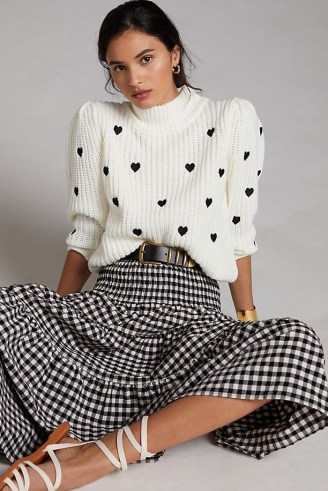 Anthropologie Hearts Mock Neck Knit Tee White / high neck puff long sleeve jumpers / heart patterned sweaters