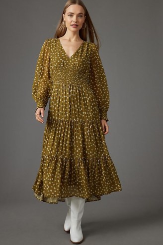 Anthropologie Shirred-Waist Midi Dress in Olive / balloon sleeve V-neck tiered hem dresses / floaty fashion - flipped