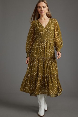 Anthropologie Shirred-Waist Midi Dress in Olive / balloon sleeve V-neck tiered hem dresses / floaty fashion