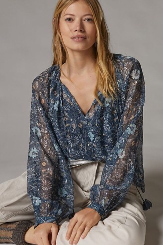 Let Me Be Puff-Sleeved Blouse Blue Motif / dreamy semi sheer metallic detail floral blouses - flipped