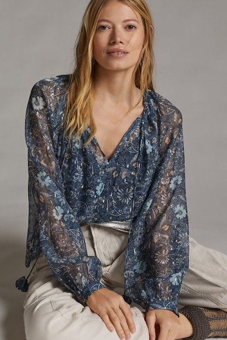 Let Me Be Puff-Sleeved Blouse Blue Motif / dreamy semi sheer metallic detail floral blouses
