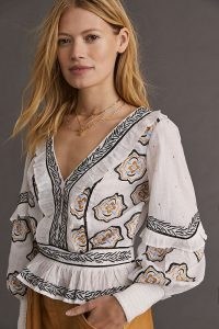 ANTHROPOLOGIE Sequined Embroidered Blouse / ruffle trim sequinned blouses / folk inspired tops