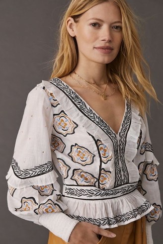ANTHROPOLOGIE Sequined Embroidered Blouse / ruffle trim sequinned blouses / folk inspired tops - flipped