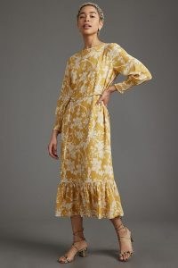 Mira EcoVero Ruffle-Trimmed Midi Dress in Maize / yellow floral tiered hem dresses