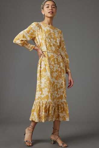 Mira EcoVero Ruffle-Trimmed Midi Dress in Maize / yellow floral tiered hem dresses - flipped