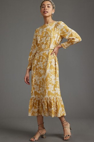 Mira EcoVero Ruffle-Trimmed Midi Dress in Maize / yellow floral tiered hem dresses
