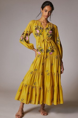 Samant Chauhan Embroidered V-Neck Maxi Dress in Gold / chic floral bohemian inspired dresses / tiered boho style fashion - flipped