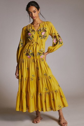 Samant Chauhan Embroidered V-Neck Maxi Dress in Gold / chic floral bohemian inspired dresses / tiered boho style fashion