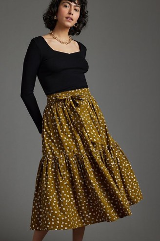 Amelia Bow-Embellished Midi Skirt in Olive / green floral tiered hem cotton skirts / tie waist