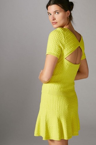 Maeve Colourblocked Knit Skirt Set in Yellow – knitted fashion sets – open back top and skirt co-ord – cut out knitwear - flipped