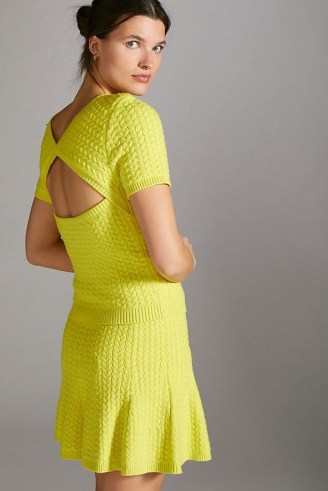 Maeve Colourblocked Knit Skirt Set in Yellow – knitted fashion sets – open back top and skirt co-ord – cut out knitwear