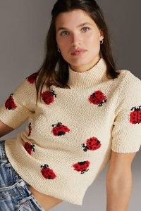 Maeve Short-Sleeved Jumper in Peach / ladybird pattern high neck pullover / insect print jumpers / womens cute patterned knitwear