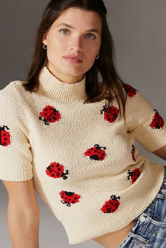 Maeve Short-Sleeved Jumper in Peach / ladybird pattern high neck pullover / insect print jumpers / womens cute patterned knitwear - flipped