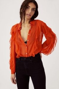 Maeve Ruffled Buttondown Shirt in Orange / womens sheer ruffle shirts