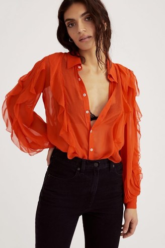 Maeve Ruffled Buttondown Shirt in Orange / womens sheer ruffle shirts - flipped